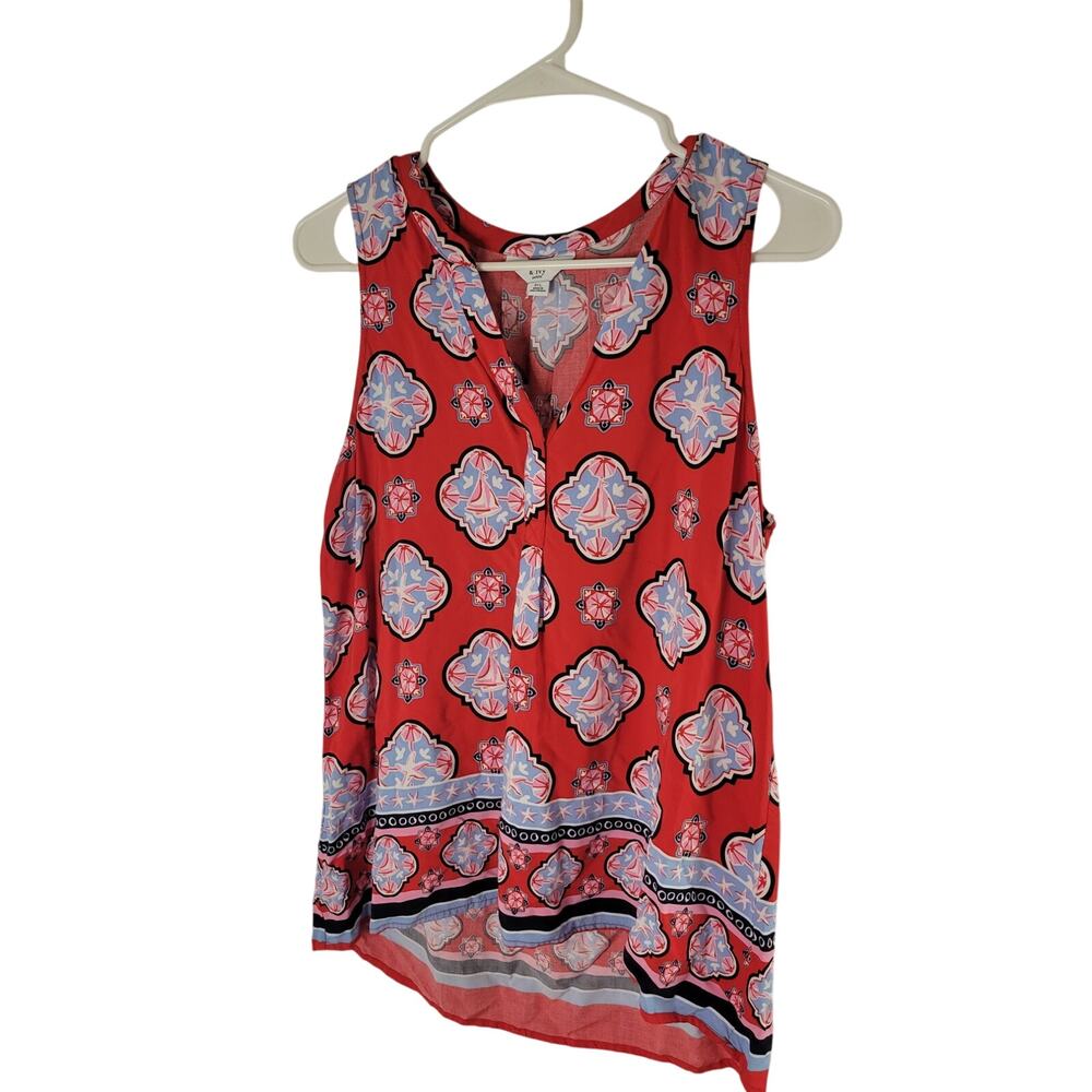 Crown & Ivy Sleeveless Blouse Red Blue Nautical Pattern Women's  Size Petite L